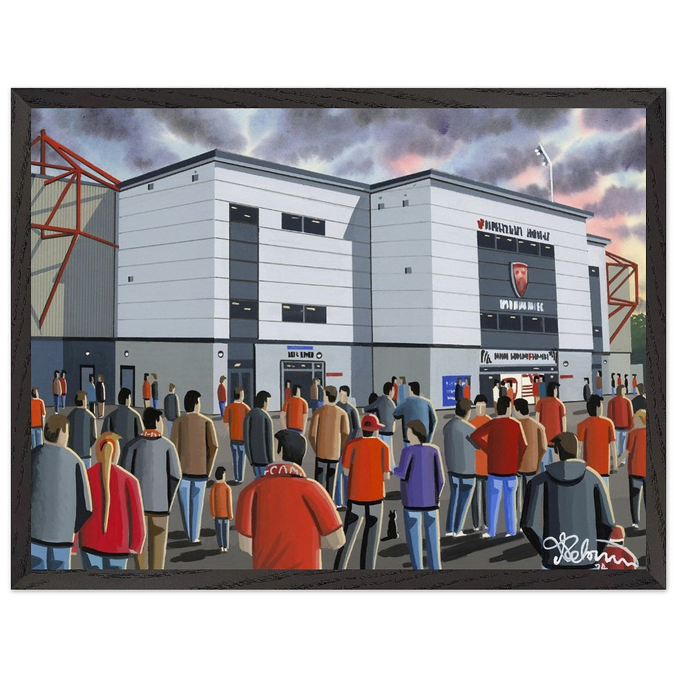 Thumbnail: Morecambe FC football  stadium By Artist Andrew Robinson andrewrobinsonart.com, Andrew Robinson art .Framed Fine Art Prints, Posters, Canvas Prints, Framed canvas prints, Ceramic Mugs etc sport, football, rugby, NFL