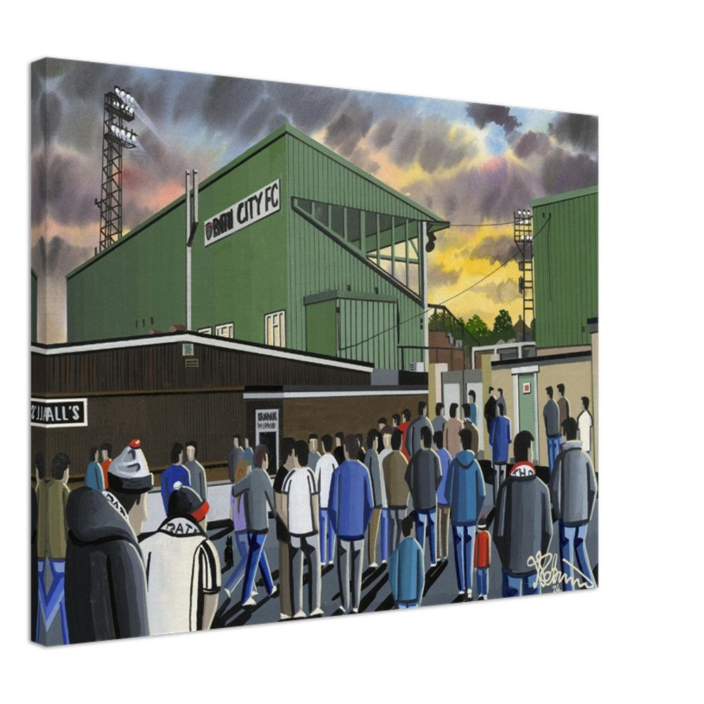 Bath City FC Twerton Park  football stadium Scene by artist Andrew Robinson andrewrobinsonart.com. Available in fine art print, poster, canvas prints and mugs etc 