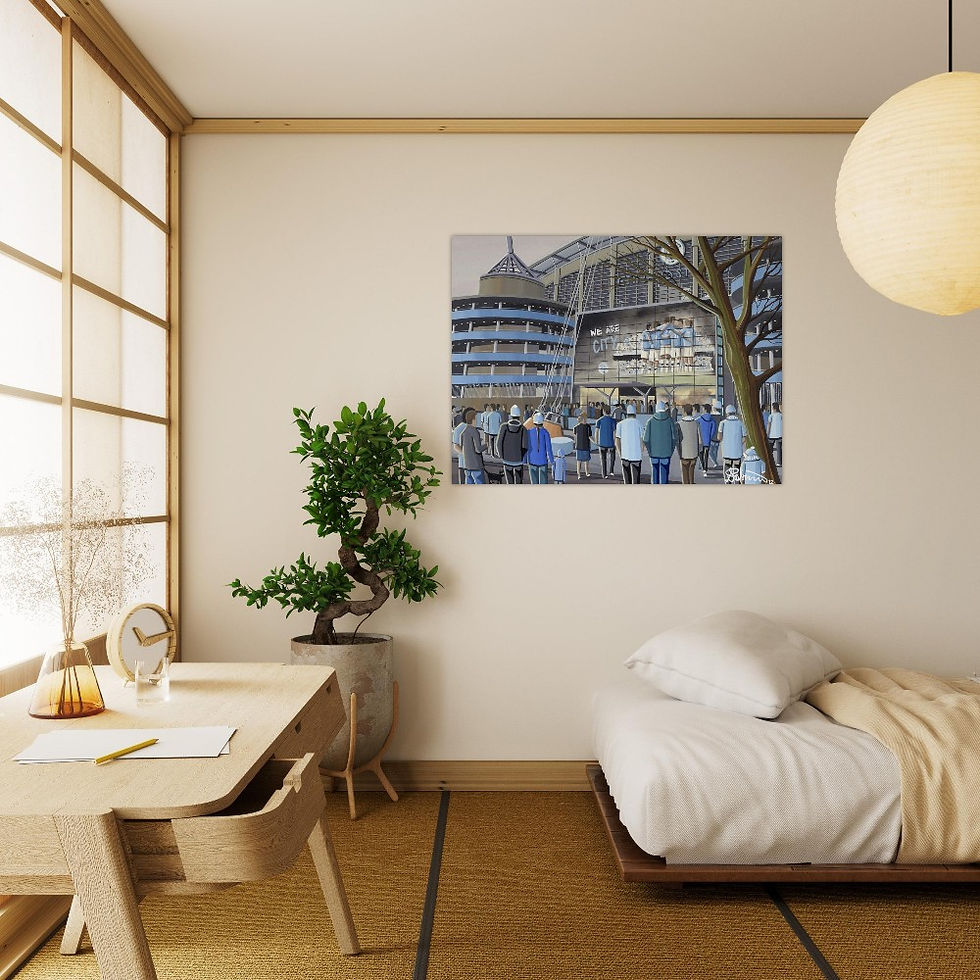 Thumbnail: Manchester City FC Etihad football stadium scene by artist Andrew Robinson andrewrobinsonart.com. Available in fine art print, poster, canvas prints and mugs etc 