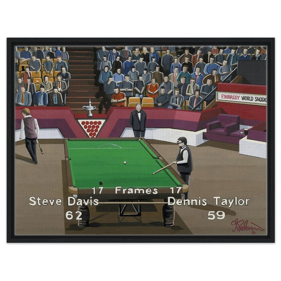 1985 World Snooker Final. Steve Davis v Dennis Taylor art print by artist Andrew Robinson. Prints, posters, canvas prints & mugs etc available from andrewrobinsonart.com