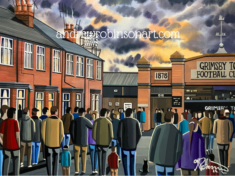 Thumbnail: Grimsby Town FC Blundell Park football stadium scene by artist Andrew Robinson andrewrobinsonart.com. Available in fine art print, poster, canvas prints and mugs etc 