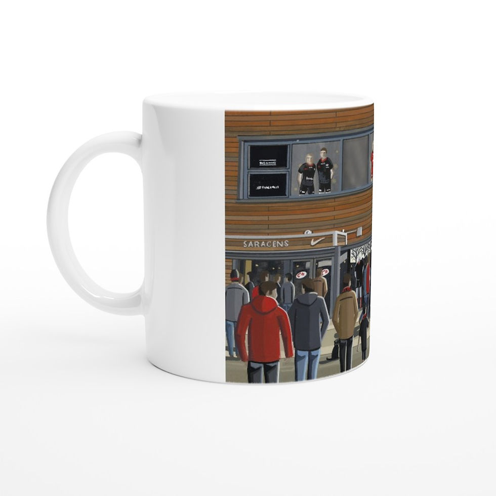 Thumbnail: Saracens Copthall Rugby Stadium Scene by artist Andrew Robinson andrewrobinsonart.com. Available in fine art print, poster, canvas prints and mugs etc 