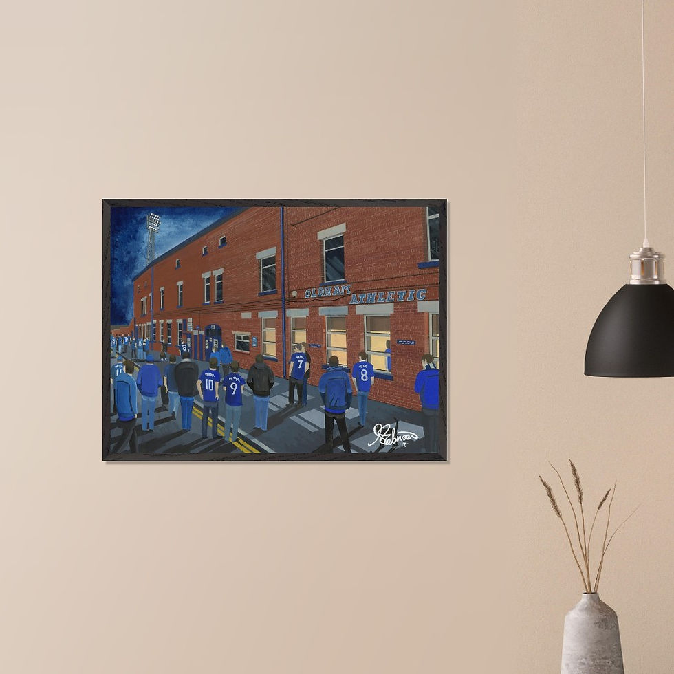 Thumbnail: Oldham Athletic FC Boundary Park Football Stadium Scene by artist Andrew Robinson andrewrobinsonart.com. Available in fine art print, poster, canvas prints and mugs etc 