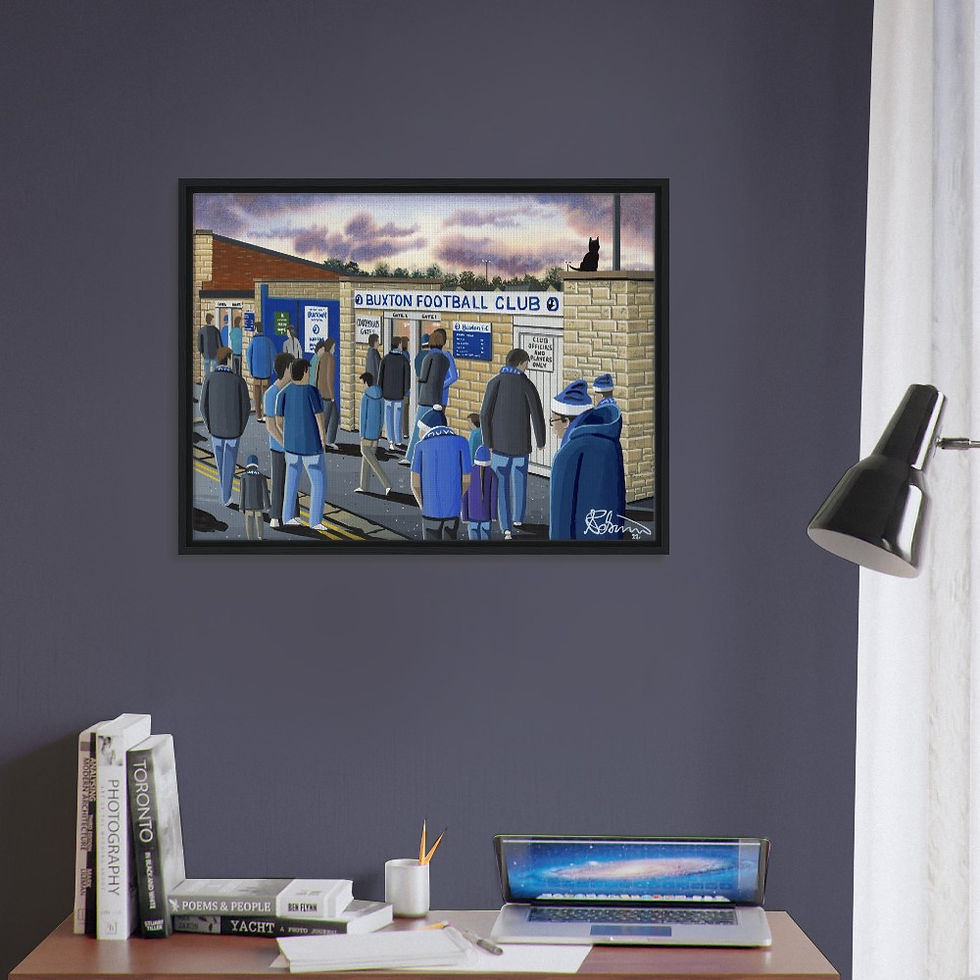 Thumbnail: Buxton F.C Silverlands Stadium. Football Framed Canvas Print. Ceramic Mugs, Fine Art Prints and posters etc By Artist Andrew Robinson. andrewrobinsonart.com