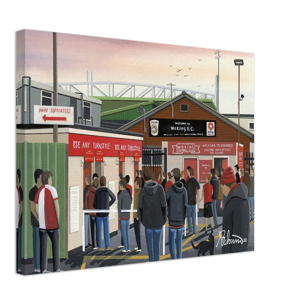 Thumbnail: Woking FC football Stadium  By Artist Andrew Robinson andrewrobinsonart.com, Andrew Robinson art .Framed Fine Art Prints, Posters, Canvas Prints, Framed canvas prints, Ceramic Mugs etc sport, football, rugby, NFL