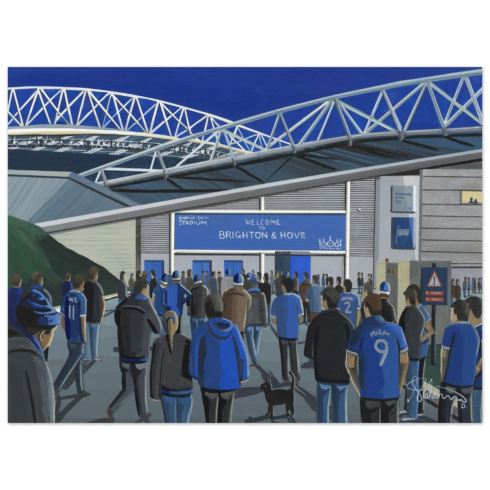 Brighton & Hove Albion FC Amex Falmerfootball stadium scene by artist Andrew Robinson andrewrobinsonart.com. Available in fine art print, poster, canvas prints and mugs etc
