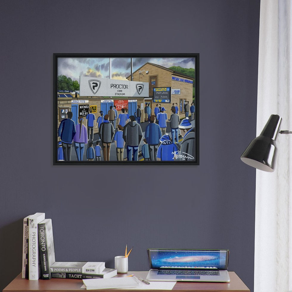 Thumbnail: Matlock Town F.C Causeway Lane Football Stadium By Artist Andrew Robinson andrewrobinsonart.com, framed Fine Art Prints Posters, Canvas Prints, Ceramic Mugs etc