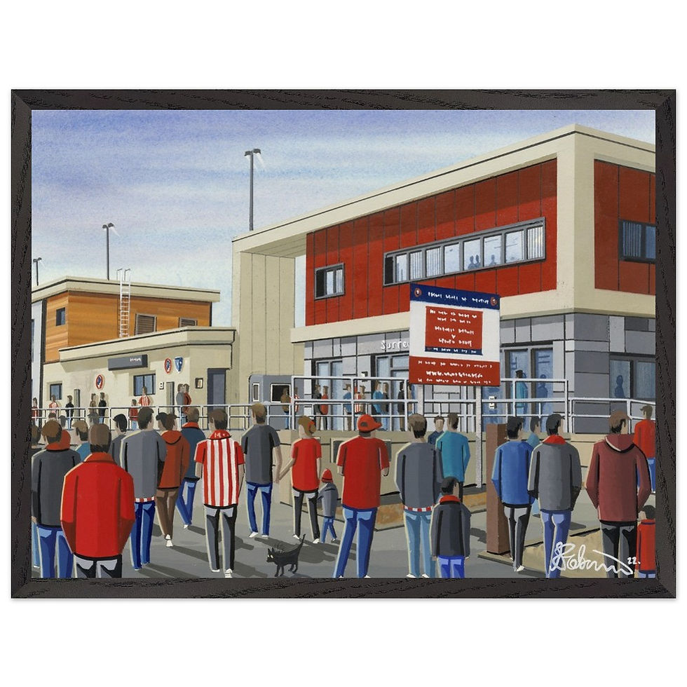 Thumbnail: Dorking Wanderers FC Meadowbank football stadium scene by artist Andrew Robinson andrewrobinsonart.com. Available in fine art print, poster, canvas prints and mugs etc 