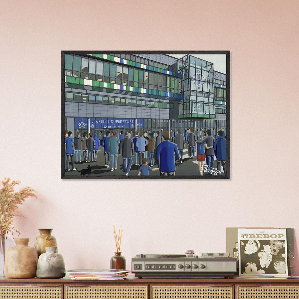 Thumbnail: Linfield FC Windsor Park football stadium scene by artist Andrew Robinson andrewrobinsonart.com. Available in fine art print, poster, canvas prints and mugs etc 