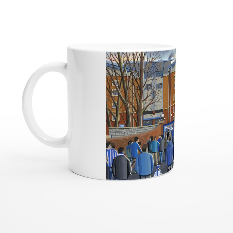 Thumbnail: Sheffield Wednesday FC Hillsborough Football Stadium Scene by artist Andrew Robinson andrewrobinsonart.com. Available in fine art print, poster, canvas prints and mugs etc