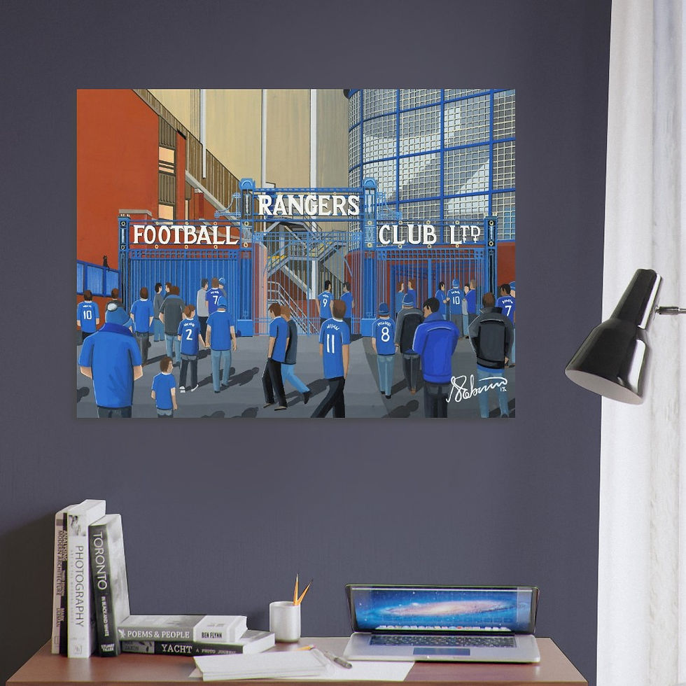 Thumbnail: Rangers FC Ibrox  football stadium scene by artist Andrew Robinson andrewrobinsonart.com. Available in fine art print, poster, canvas prints and mugs etc 