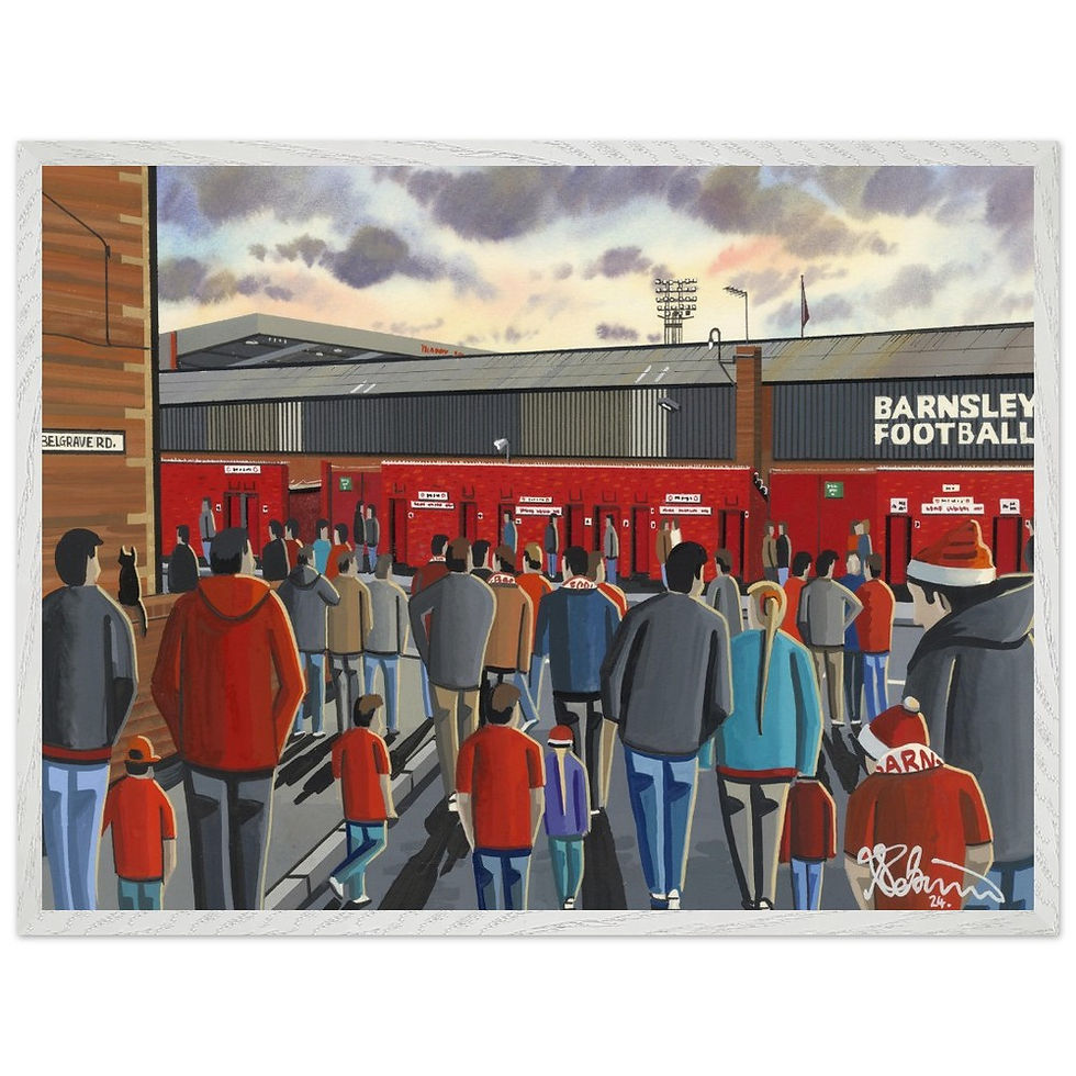 Thumbnail: Barnsley FC Oakwell football stadium scene by artist Andrew Robinson andrewrobinsonart.com. Available in fine art print, poster, canvas prints and mugs etc 
