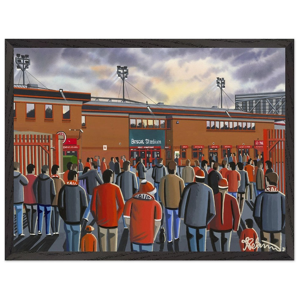 Thumbnail: Walsall FC Bescot football stadium scene by artist Andrew Robinson andrewrobinsonart.com. Available in fine art print, poster, canvas prints and mugs etc 