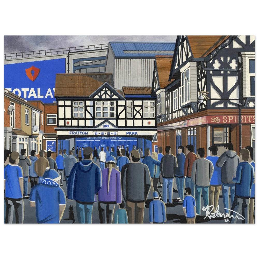 Portsmouth FC Fratton Park Football Stadium Scene by artist Andrew Robinson andrewrobinsonart.com. Available in fine art print, poster, canvas prints and mugs etc