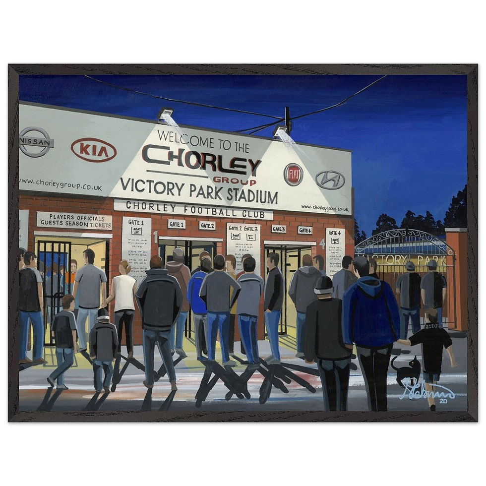 Thumbnail: Chorley FC Victory Park football stadium scene by artist Andrew Robinson andrewrobinsonart.com. Available in fine art print, poster, canvas prints and mugs etc 