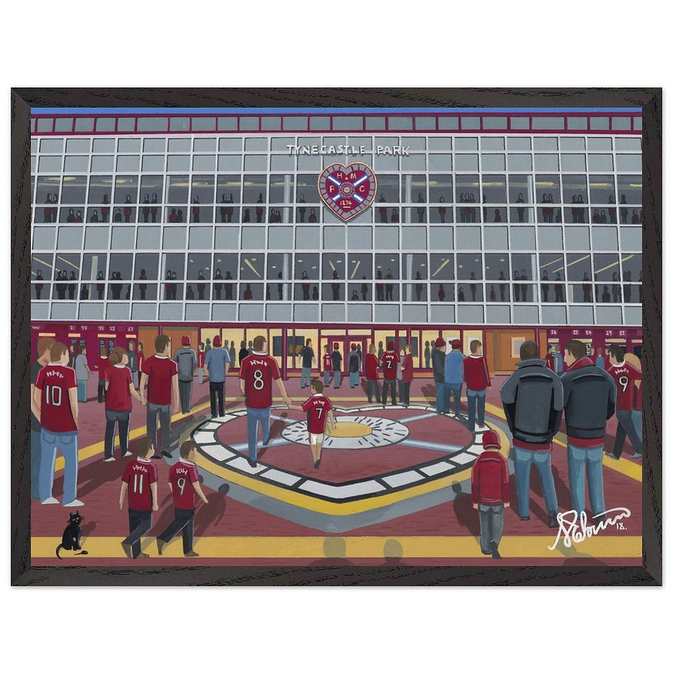 Thumbnail: Hearts FC Tynecastle Football Stadium Scene by artist Andrew Robinson andrewrobinsonart.com. Available in fine art print, poster, canvas prints and mugs etc