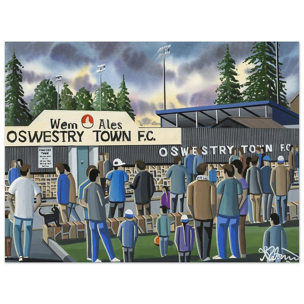 Thumbnail: Oswestry Town F.C, Retro Victoria Road Stadium By Artist Andrew Robinson andrewrobinsonart.com, Andrew Robinson art. Framed Fine Art Prints, Posters, Canvas Prints, Framed canvas prints, Ceramic Mugs etc sport, football, rugby, NFL