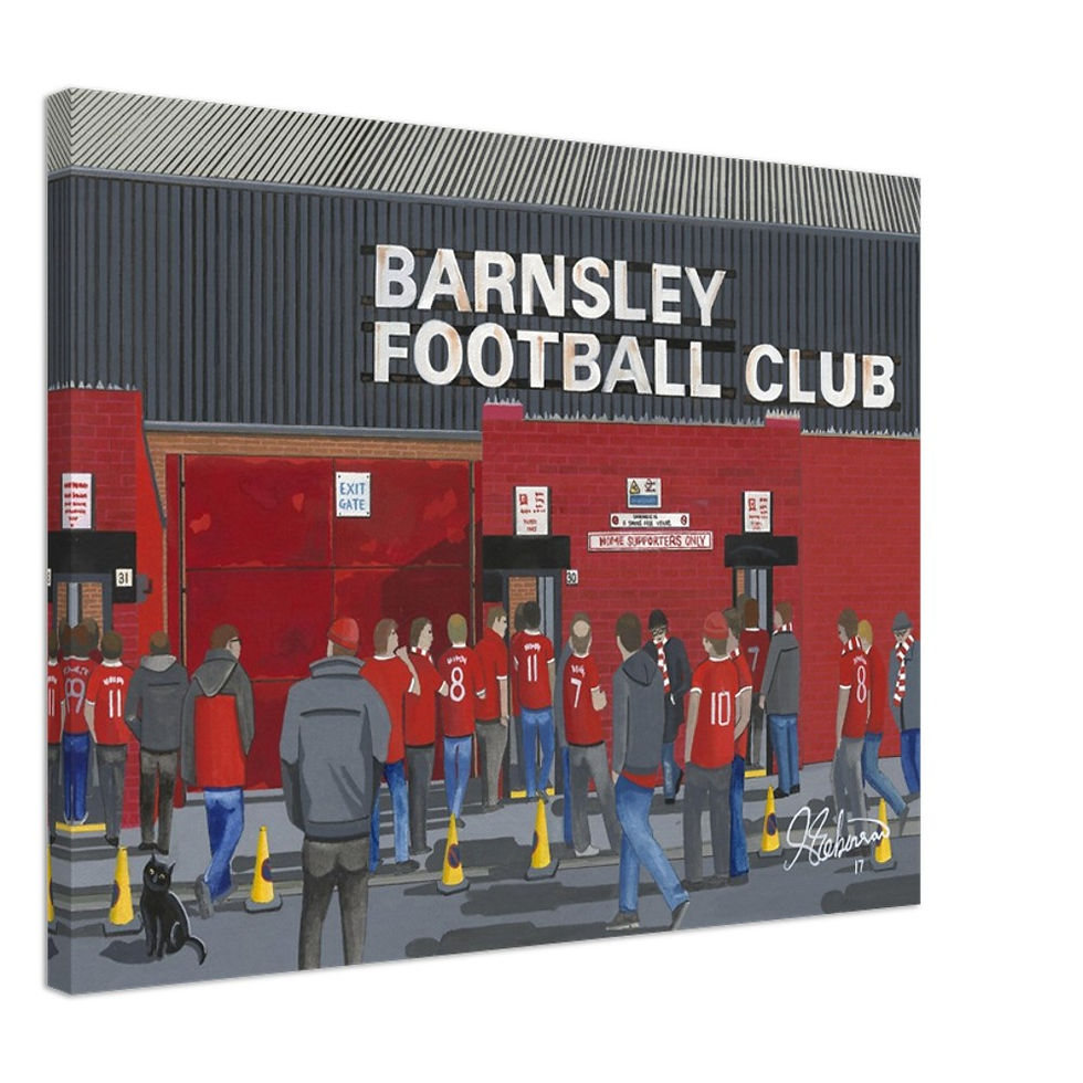 Barnsley FC Oakwell football stadium scene by artist Andrew Robinson andrewrobinsonart.com. Available in fine art print, poster, canvas prints and mugs etc
