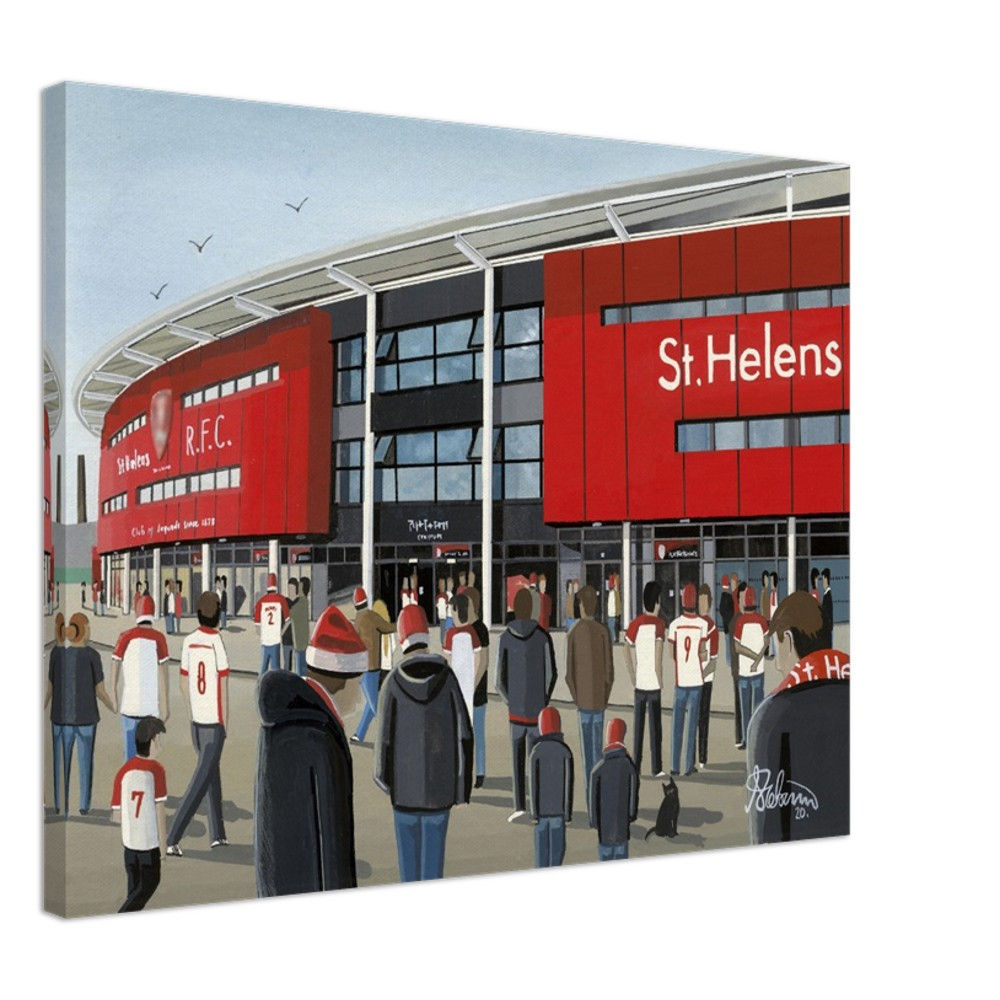 St Helens Rugby League Stadium By Artist Andrew Robinson andrewrobinsonart.com, Andrew Robinson art .Framed Fine Art Prints, Posters, Canvas Prints, Framed canvas prints, Ceramic Mugs etc sport, football, rugby, NFL