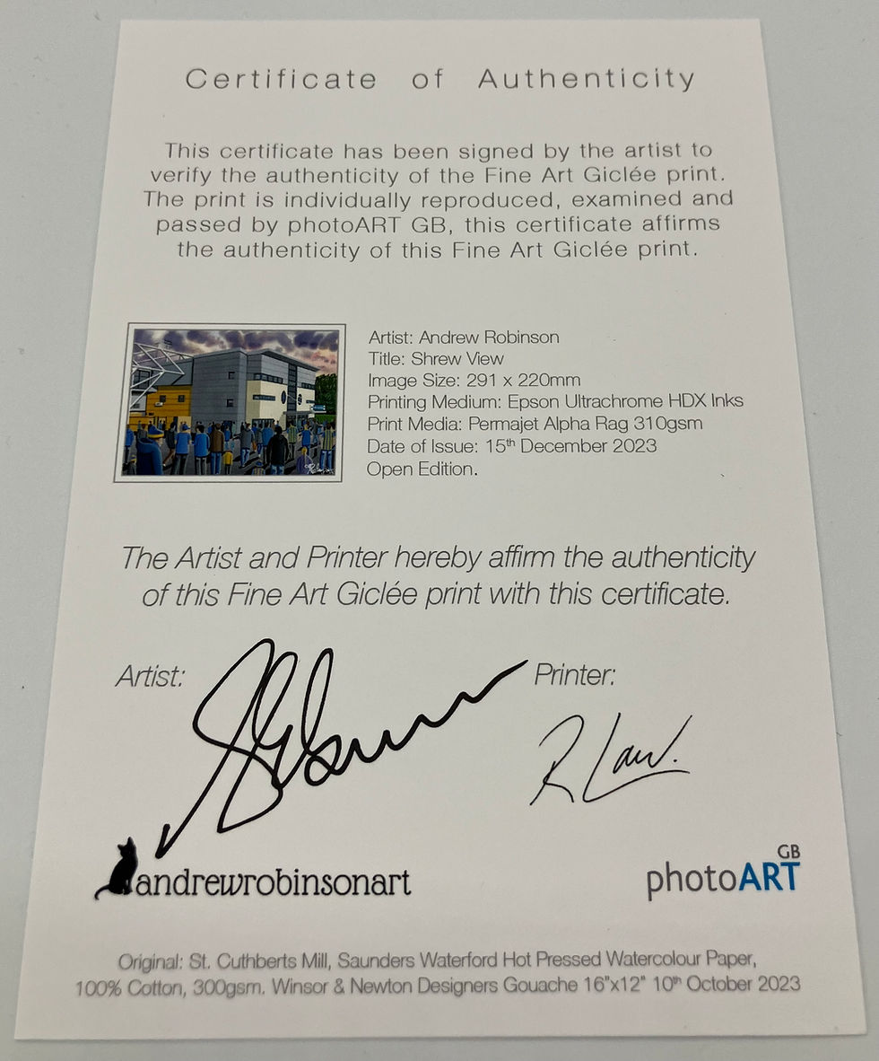 Thumbnail: Shrewsbury Town FC New Meadow Football Stadium Scene by artist Andrew Robinson andrewrobinsonart.com. Available in fine art print, poster, canvas prints and mugs etc 