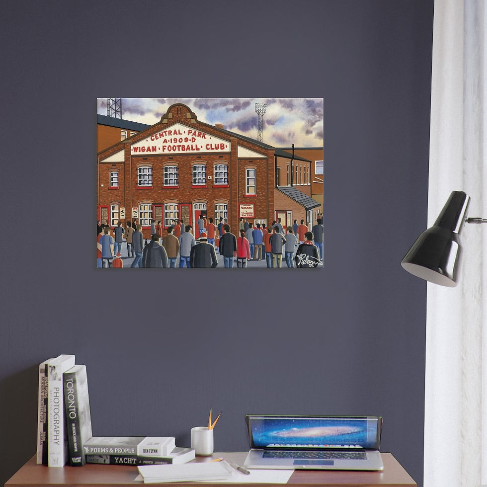 Thumbnail: Wigan Warriors Rugby League Stadium  By Artist Andrew Robinson andrewrobinsonart.com, Andrew Robinson art .Framed Fine Art Prints, Posters, Canvas Prints, Framed canvas prints, Ceramic Mugs etc sport, football, rugby, NFL