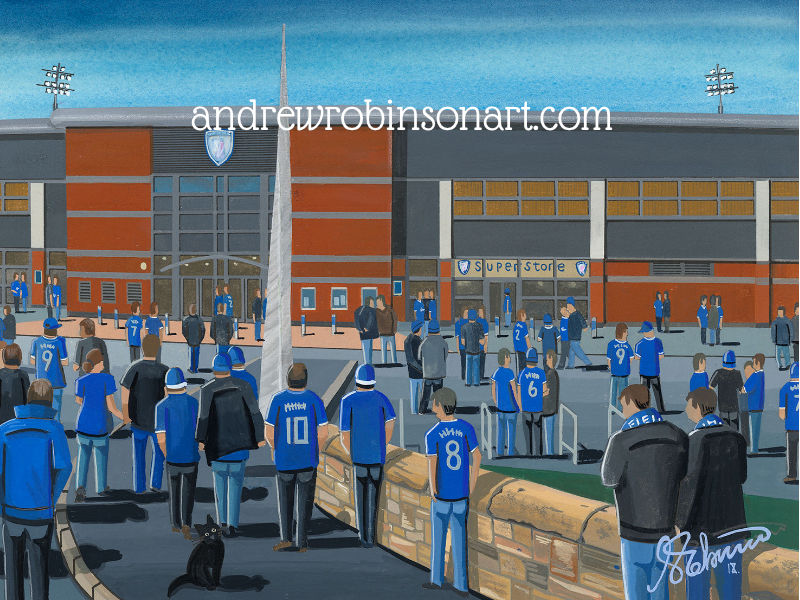Thumbnail: Chesterfield FC Whittington Moor Football Stadium Scene by artist Andrew Robinson andrewrobinsonart.com. Available in fine art print, poster, canvas prints and mugs etc 