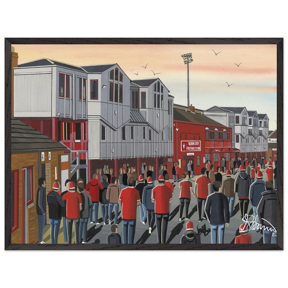 Thumbnail: York City FC retro Bootham Crescent football stadium scene by artist Andrew Robinson andrewrobinsonart.com. Available in fine art print, poster, canvas prints and mugs etc 