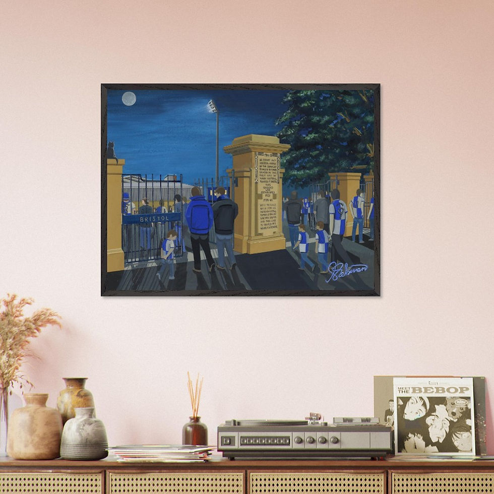 Thumbnail: Bristol Rovers FC Memorial Ground football stadium scene by artist Andrew Robinson andrewrobinsonart.com. Available in fine art print, poster, canvas prints and mugs etc