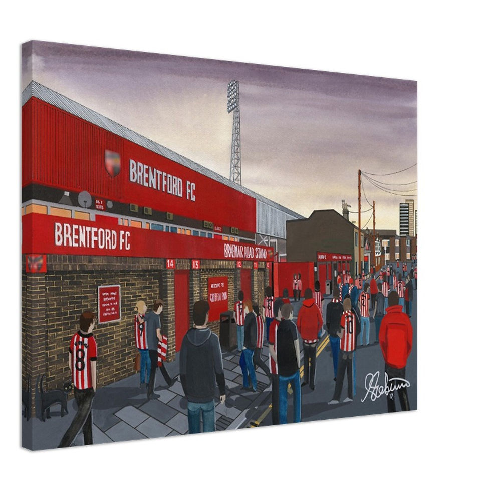 Thumbnail: Brentford FC Retro Griffin Park  Football Stadium Scene by artist Andrew Robinson andrewrobinsonart.com. Available in fine art print, poster, canvas prints and mugs etc 