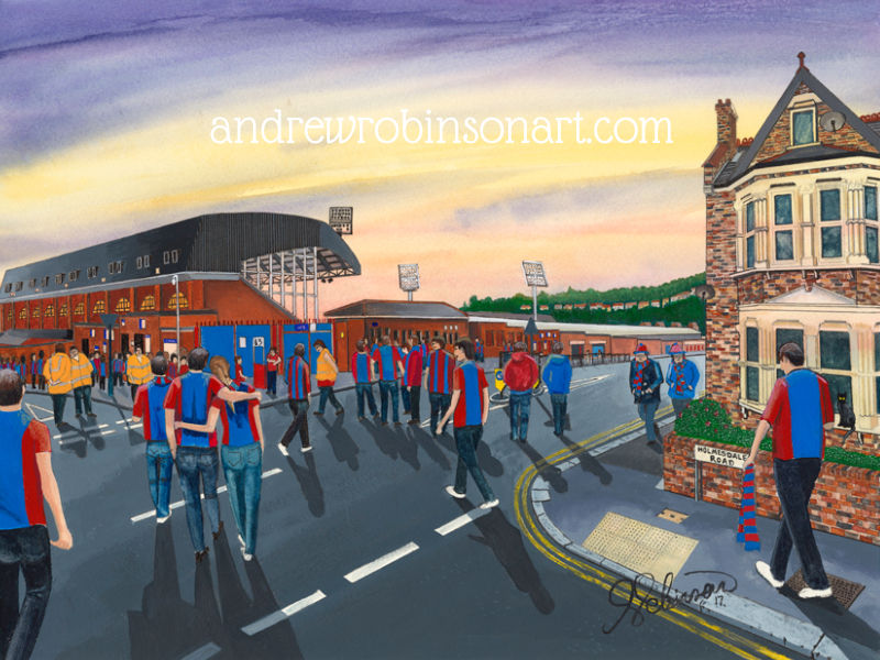 Thumbnail: Crystal Palace FC Selhurst Park Football Stadium Scene by artist Andrew Robinson andrewrobinsonart.com. Available in fine art print, poster, canvas prints and mugs etc 