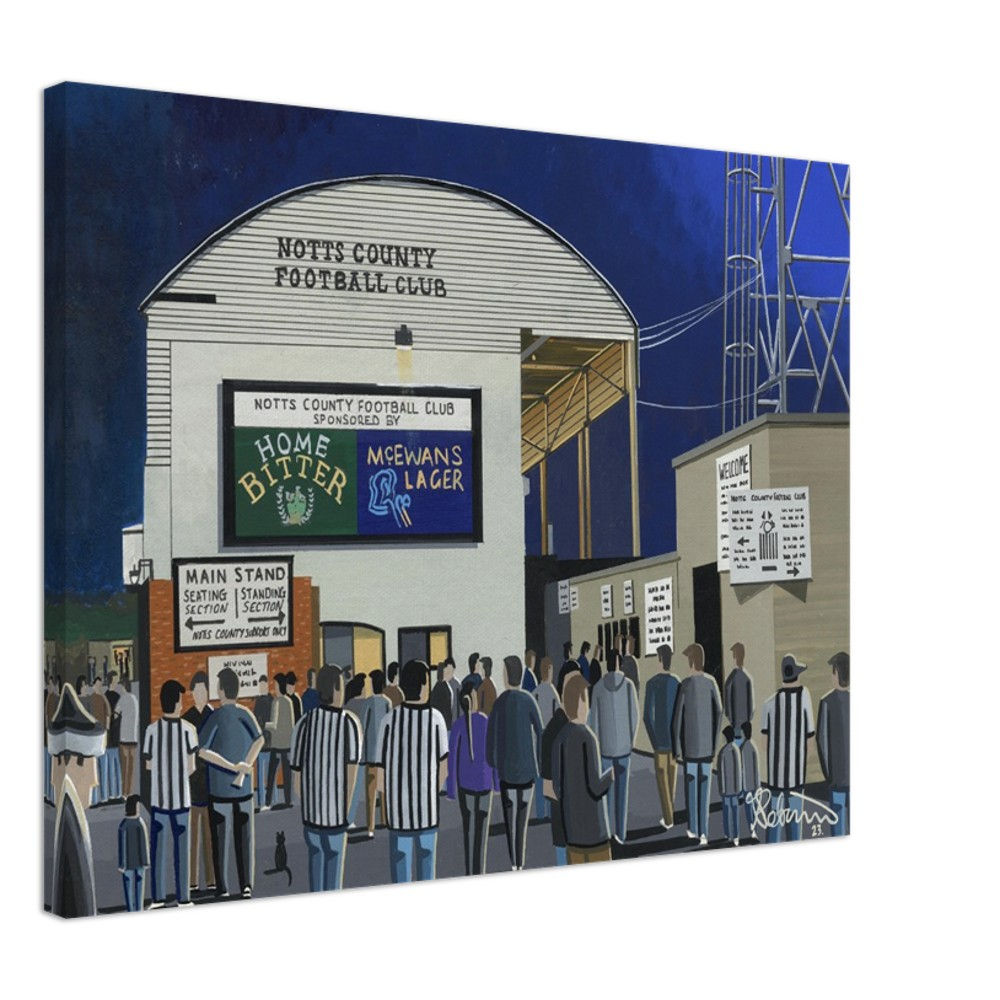 Notts County F.C, Football Stadium By Artist Andrew Robinson andrewrobinsonart.com, Andrew Robinson art .Framed Fine Art Prints, Posters, Canvas Prints, Framed canvas prints, Ceramic Mugs etc sport, football, rugby, NFL