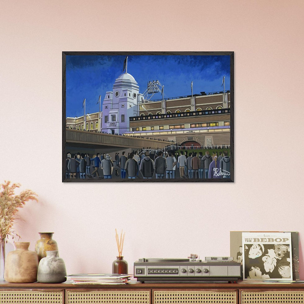 Thumbnail: England National Football Team retro Wembley stadium scene by artist Andrew Robinson andrewrobinsonart.com. Available in fine art print, poster, canvas prints and mugs etc