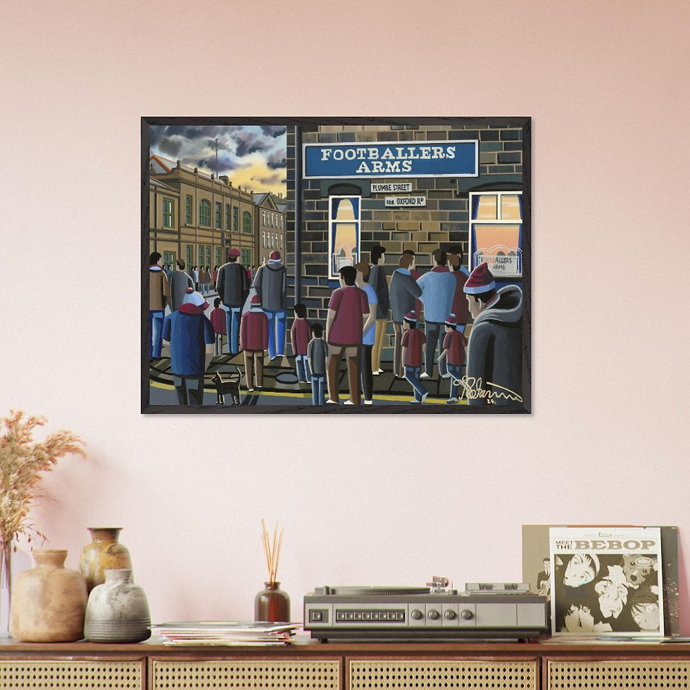 Thumbnail: Burnley FC retro Footballers Arms pub near Turf Moor football stadium scene by artist Andrew Robinson andrewrobinsonart.com. Available in fine art print, poster, canvas prints and mugs etc 