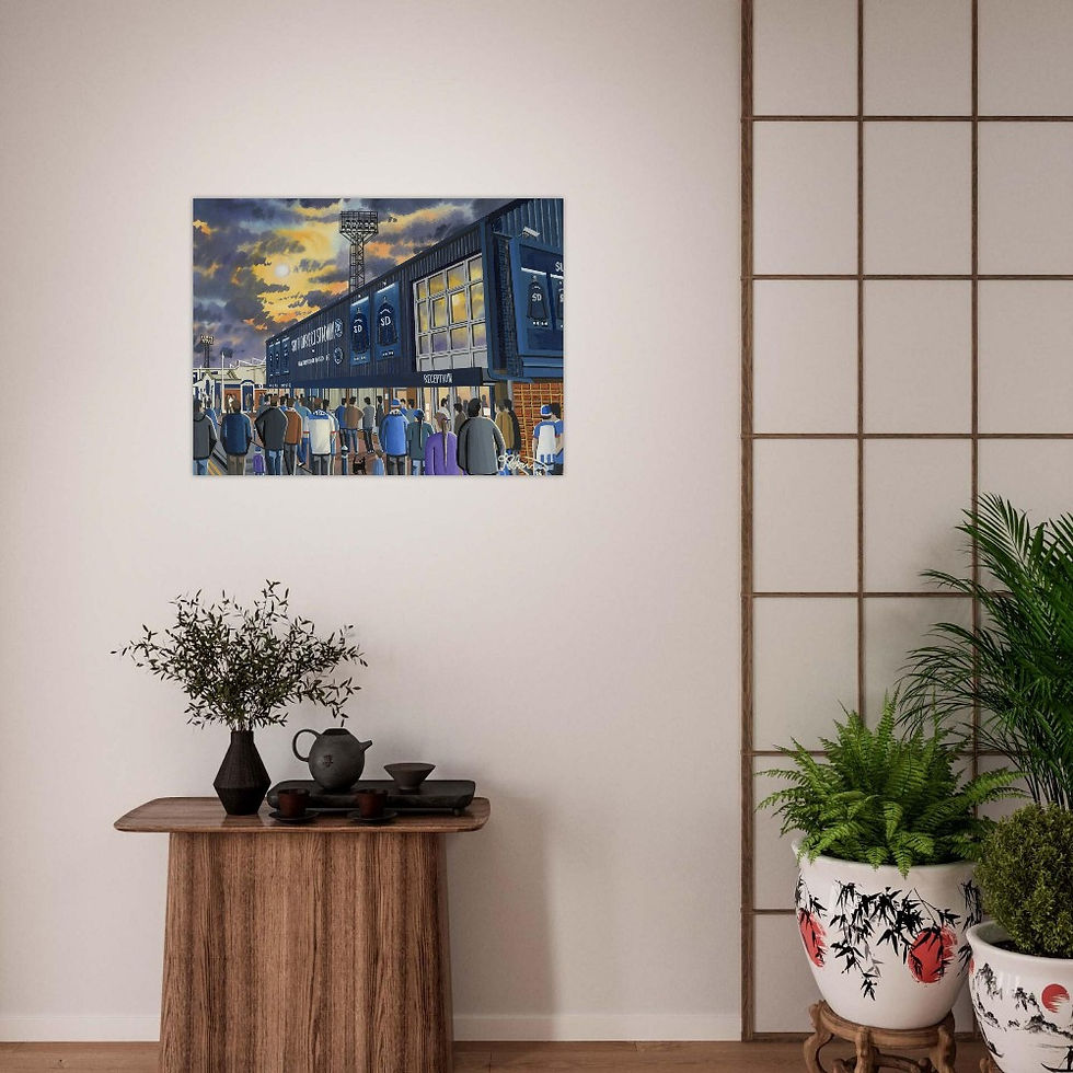 Thumbnail: Hartlepool United FC Victoria Road football stadium scene by artist Andrew Robinson andrewrobinsonart.com. Available in fine art print, poster, canvas prints and mugs etc 