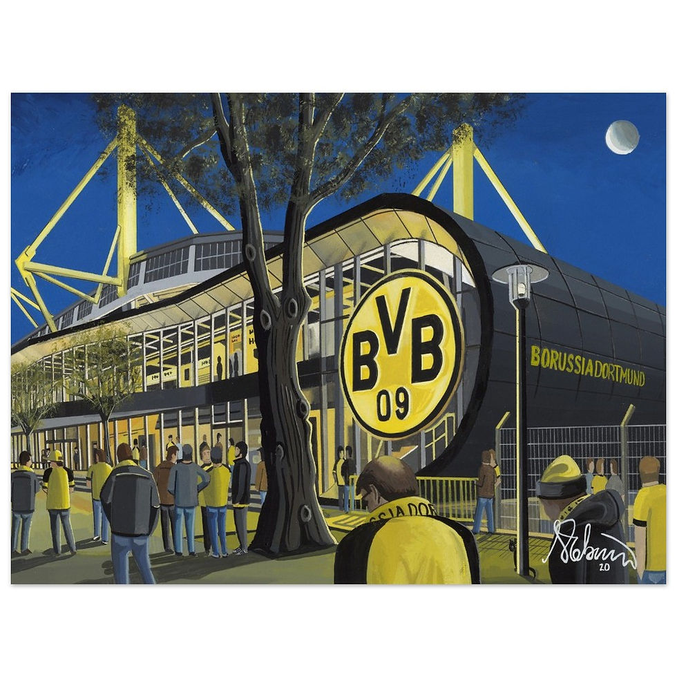 Borussia Dortmund Football Stadium Scene by artist Andrew Robinson andrewrobinsonart.com. Available in fine art print, poster, canvas prints and mugs etc 