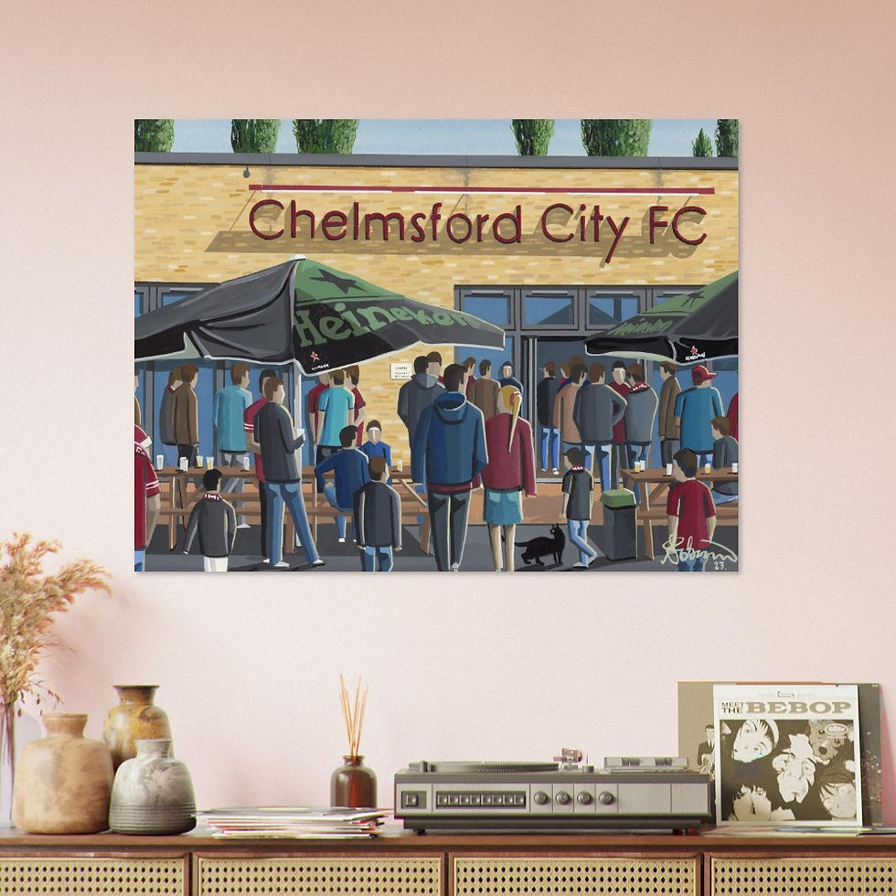 Thumbnail: Chelmsford City Fc Melbourne Football Stadium Scene by artist Andrew Robinson andrewrobinsonart.com. Available in fine art print, poster, canvas prints and mugs etc 