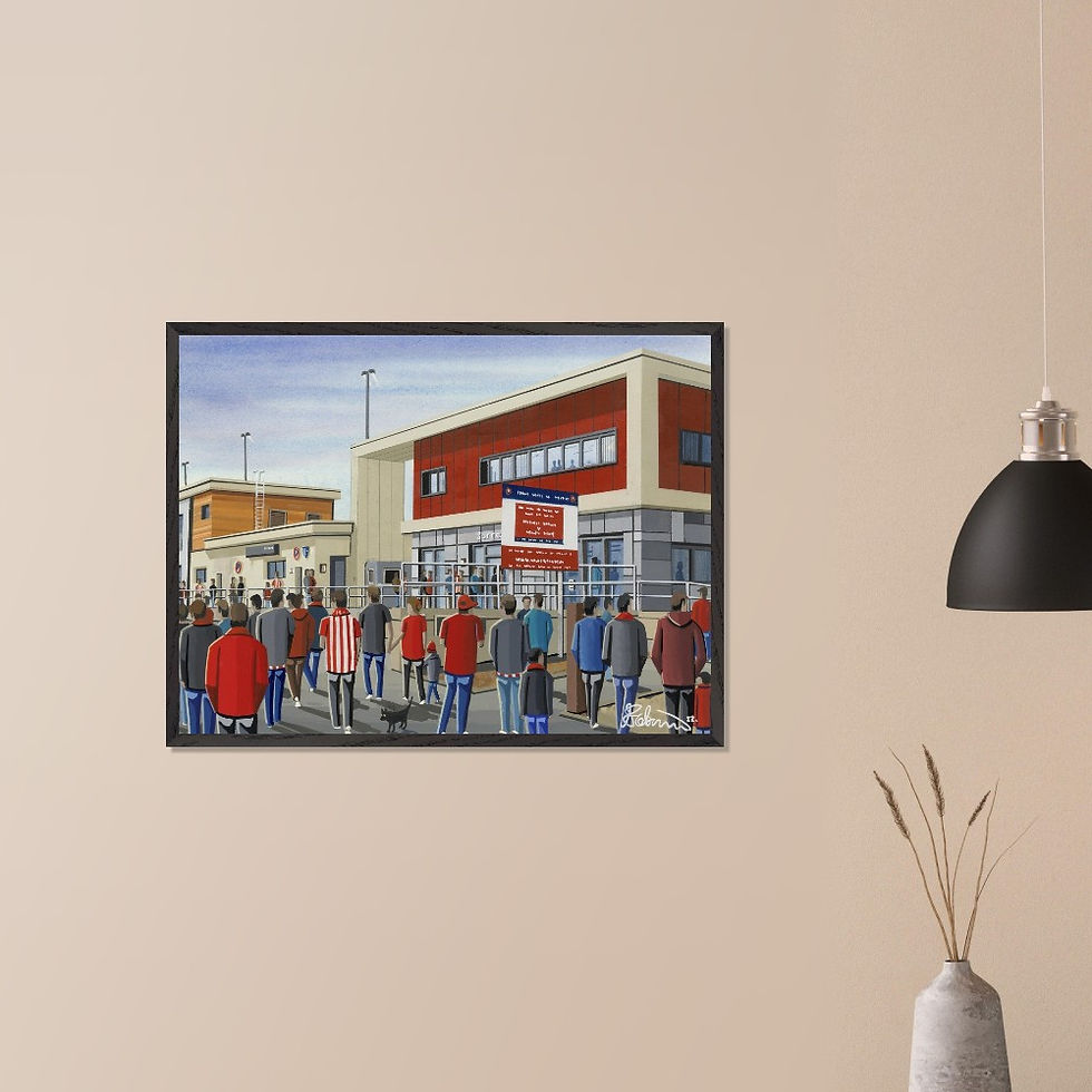 Thumbnail: Dorking Wanderers FC Meadowbank football stadium scene by artist Andrew Robinson andrewrobinsonart.com. Available in fine art print, poster, canvas prints and mugs etc 