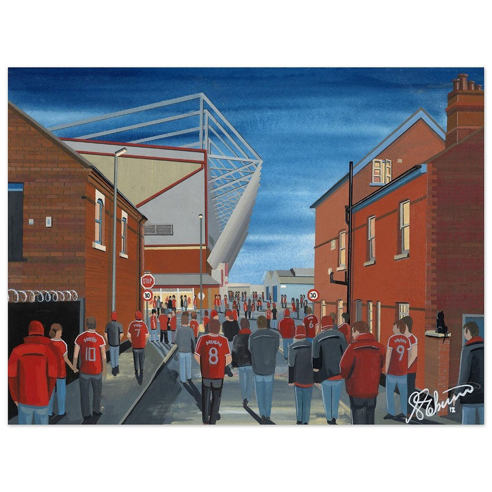 Crewe Alexandra FC Gresty Road football stadium Scene by artist Andrew Robinson andrewrobinsonart.com. Available in fine art print, poster, canvas prints and mugs etc