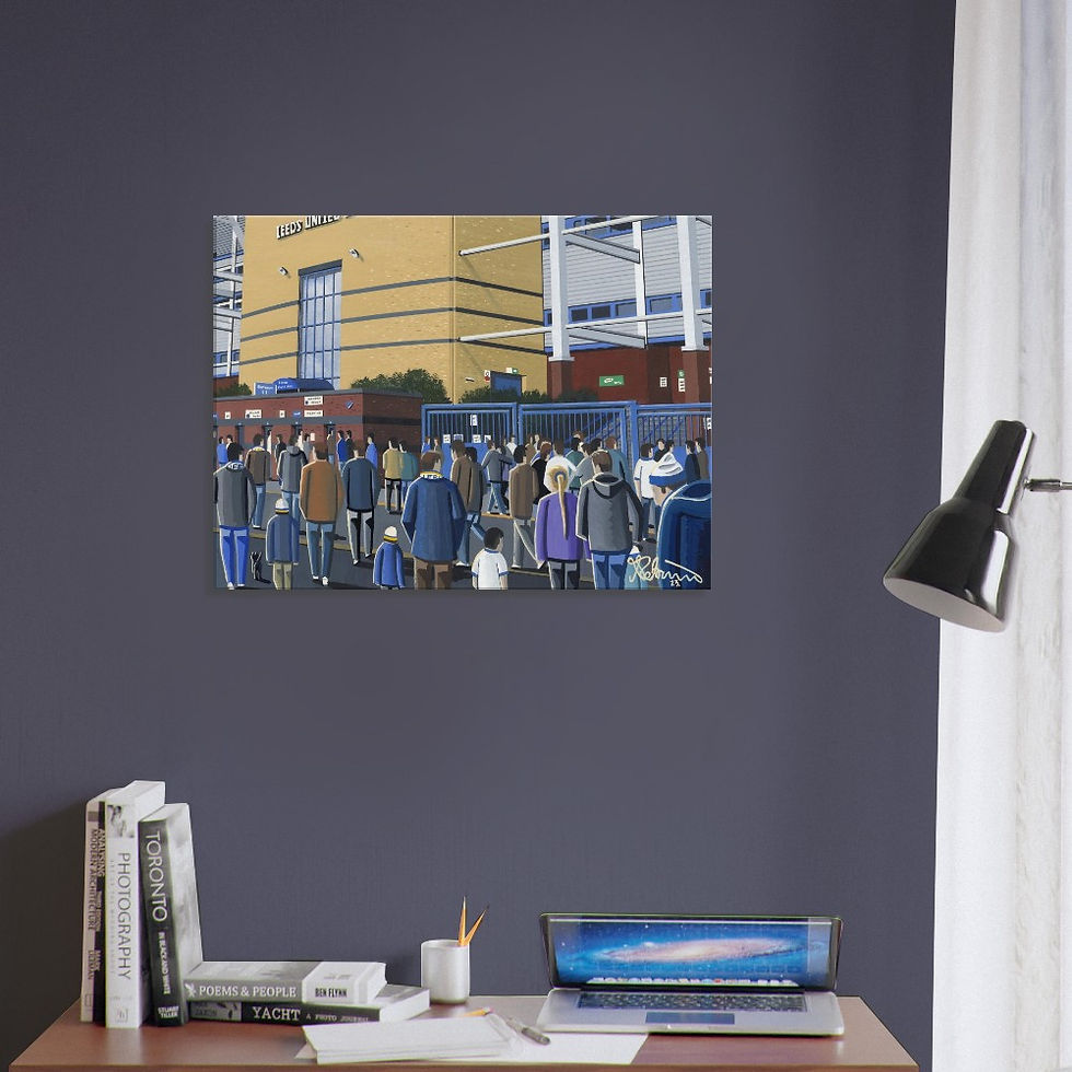 Thumbnail: Leeds United F.C, Football  Stadium By Artist Andrew Robinson andrewrobinsonart.com, Andrew Robinson art .Framed Fine Art Prints, Posters, Canvas Prints, Framed canvas prints, Ceramic Mugs etc sport, football, rugby, NFL