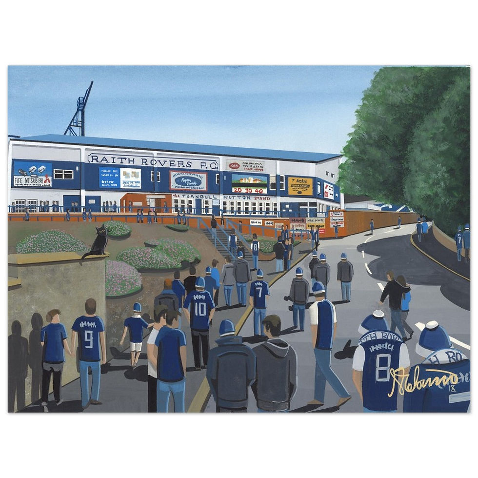 Raith Rovers FC Starks Park football stadium scene by artist Andrew Robinson andrewrobinsonart.com. Available in fine art print, poster, canvas prints and mugs etc