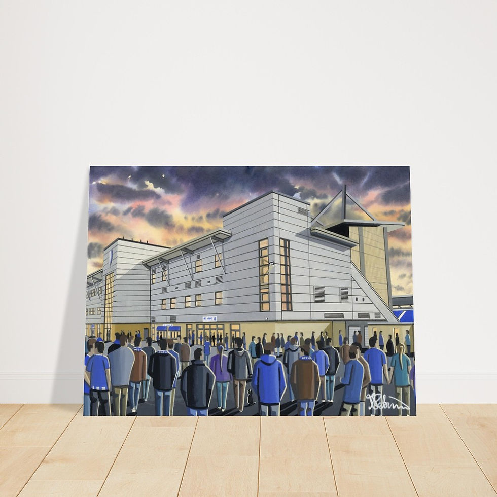 Thumbnail: Colchester United FC football stadium scene by artist Andrew Robinson andrewrobinsonart.com. Available in fine art print, poster, canvas prints and mugs etc 