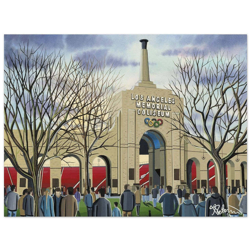 Thumbnail: Los Angeles Memorial Coliseum stadium framed art print canvas print poster printed ceramic mug by artist Andrew Robinson Andrew Robinson art  rugby NFL football soccer  stadium gifts art memorabilia andrewrobinsonart.com  