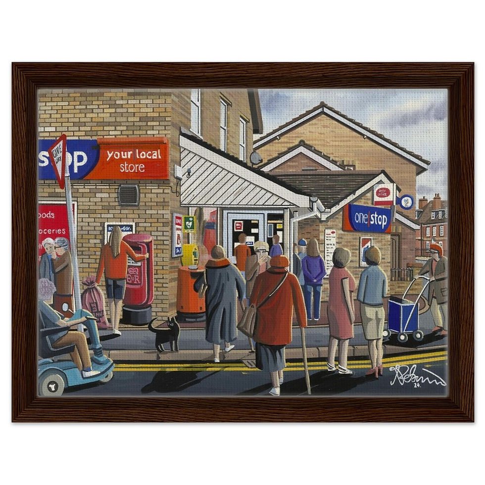 Thumbnail: Needingworth village shop, Cambridgeshire snow winter scene by artist Andrew Robinson andrewrobinsonart.com. Available in fine art print, poster, canvas prints and mugs etc