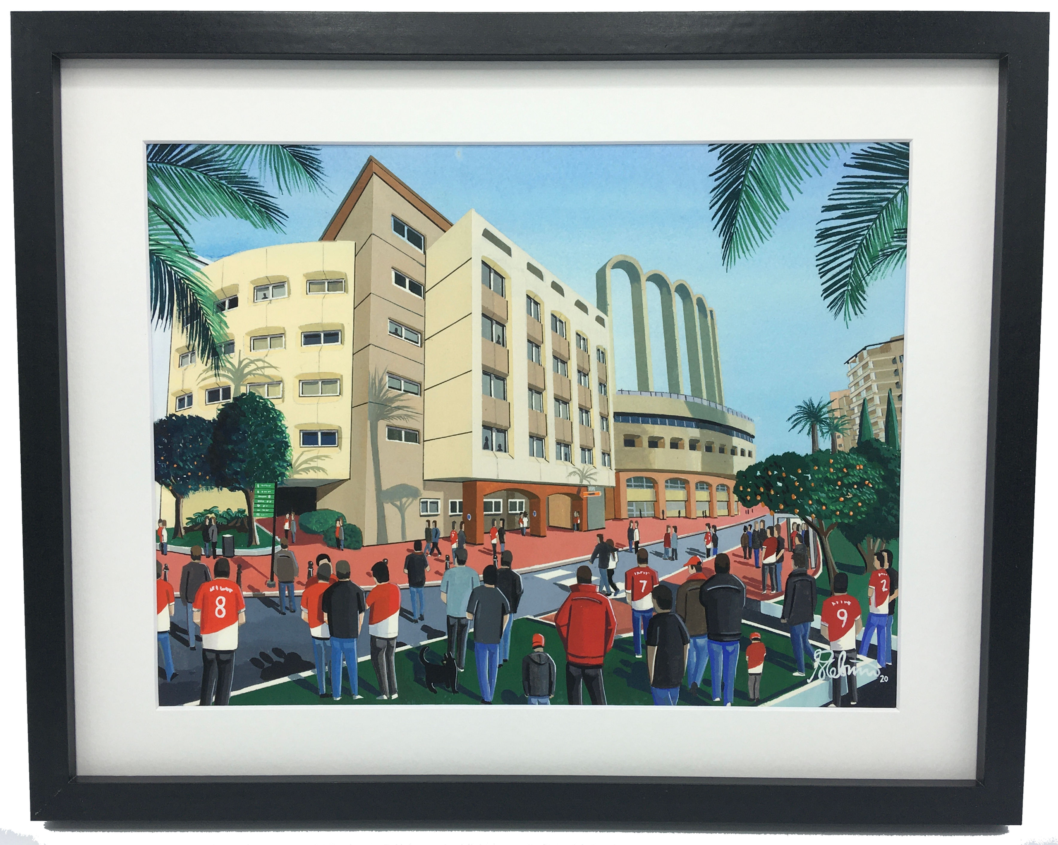 Monaco Stade Louis III Football Stadium Scene by artist Andrew Robinson andrewrobinsonart.com. Available in fine art print, poster, canvas prints and mugs etc