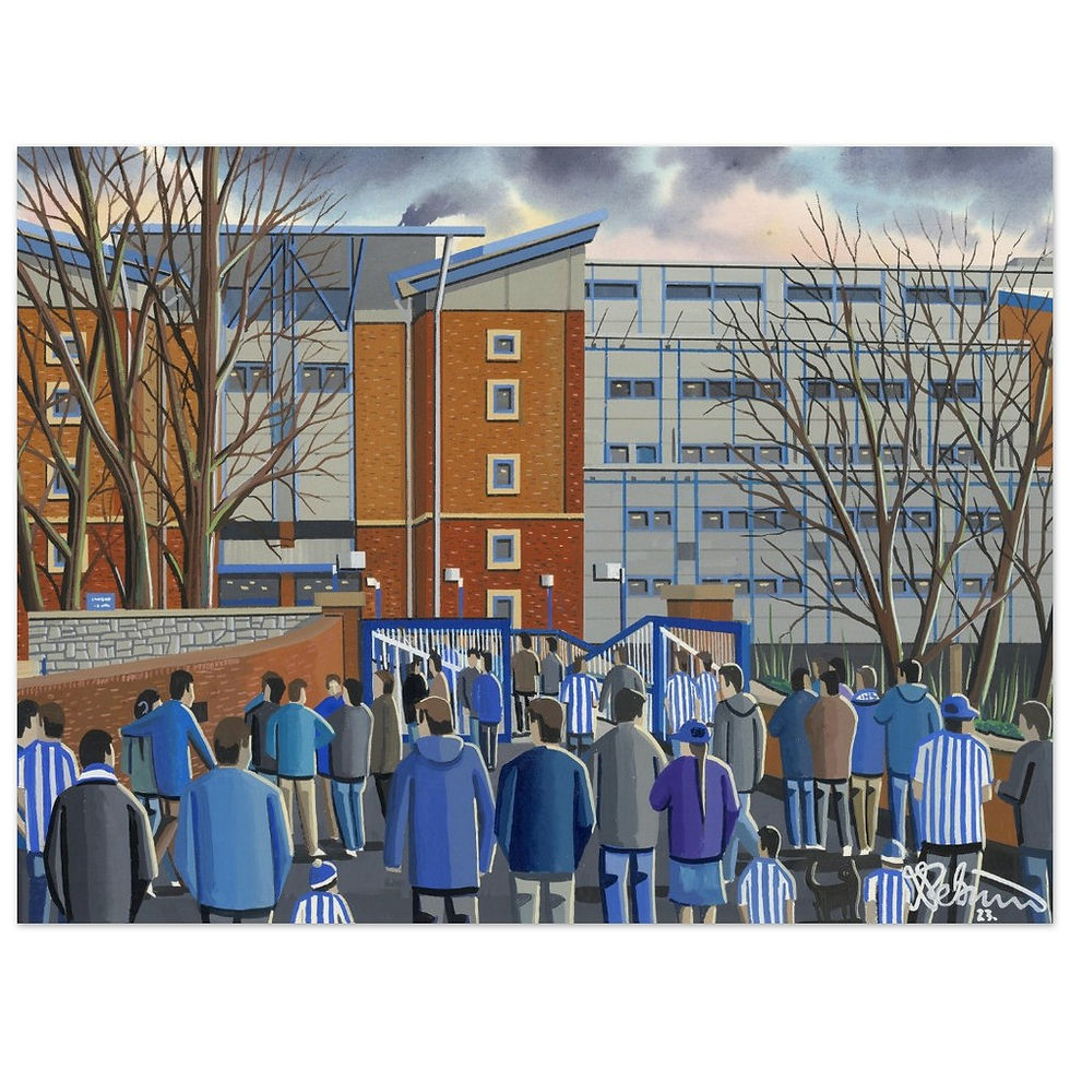 Sheffield Wednesday FC Hillsborough football stadium scene by artist Andrew Robinson andrewrobinsonart.com. Available in fine art print, poster, canvas prints and mugs etc