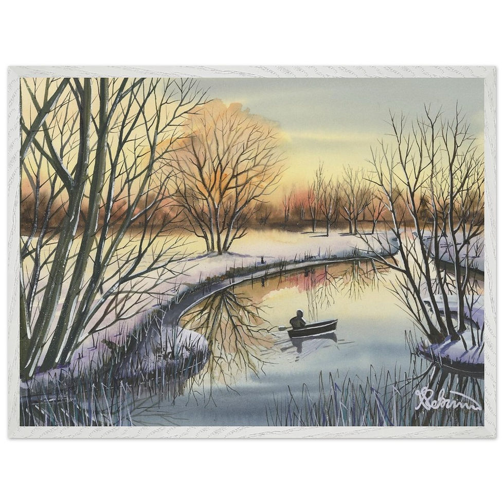 Thumbnail: Great Ouse backwater, Cambridgeshire snow winter scene by artist Andrew Robinson andrewrobinsonart.com. Available in fine art print, poster, canvas prints and mugs etc