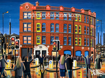 Manchester Hacienda Nightclub art painting cityscape urban landmark scene by artist Andrew Robinson andrewrobinsonart.com