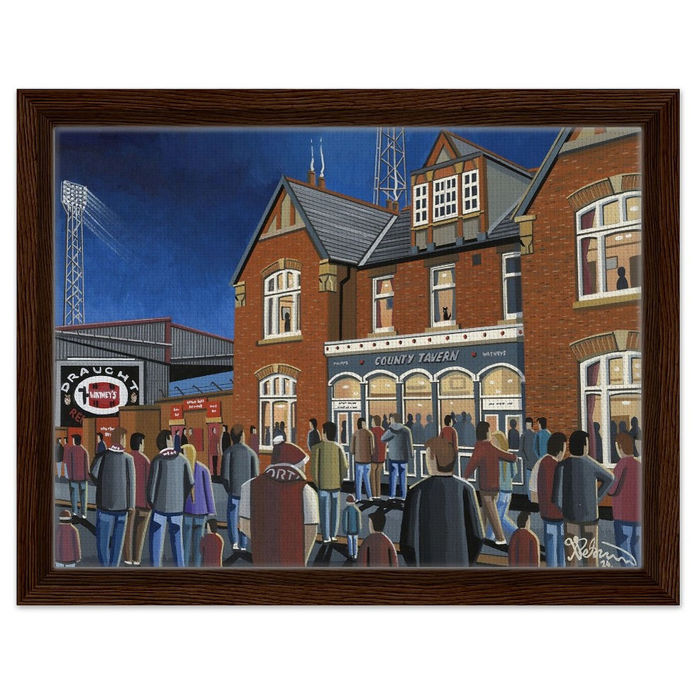 Thumbnail: Northampton Town F.C Retro County Ground Stadium By Artist Andrew Robinson andrewrobinsonart.com, Andrew Robinson art. Framed Fine Art Prints, Posters, Canvas Prints, Framed canvas prints, Ceramic Mugs etc sport, football, rugby, NFL