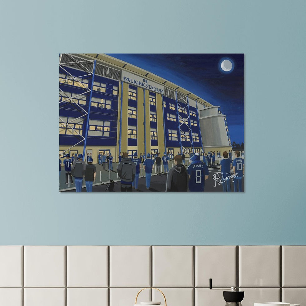 Thumbnail: falkirk FC Falkirk football stadium Scene by artist Andrew Robinson andrewrobinsonart.com. Available in fine art print, poster, canvas prints and mugs etc 
