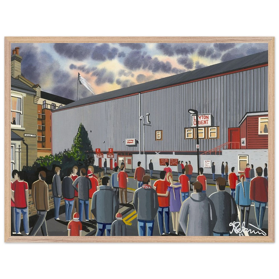 Thumbnail: Leyton Orient FC Brisbane Road football stadium scene by artist Andrew Robinson andrewrobinsonart.com. Available in fine art print, poster, canvas prints and mugs etc 